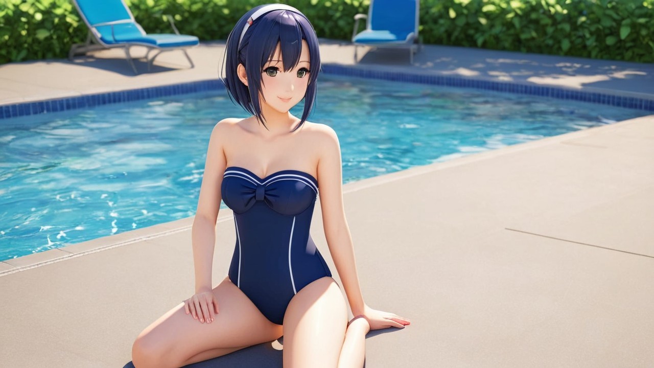 Young Woman in Blue Swimsuit by Poolside in Summer