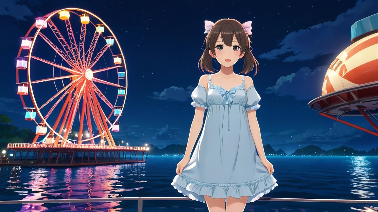 Young girl by water with vibrant ferris wheel lights