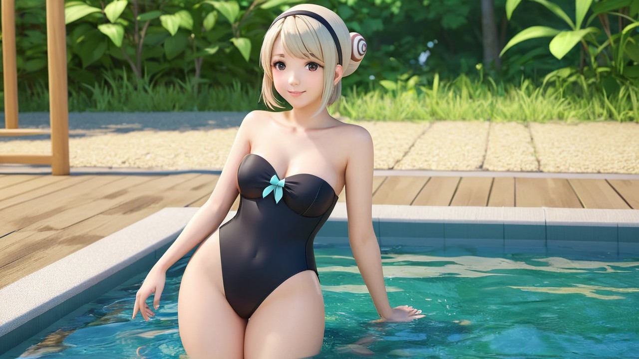 Playful Character in Black Swimsuit by Poolside