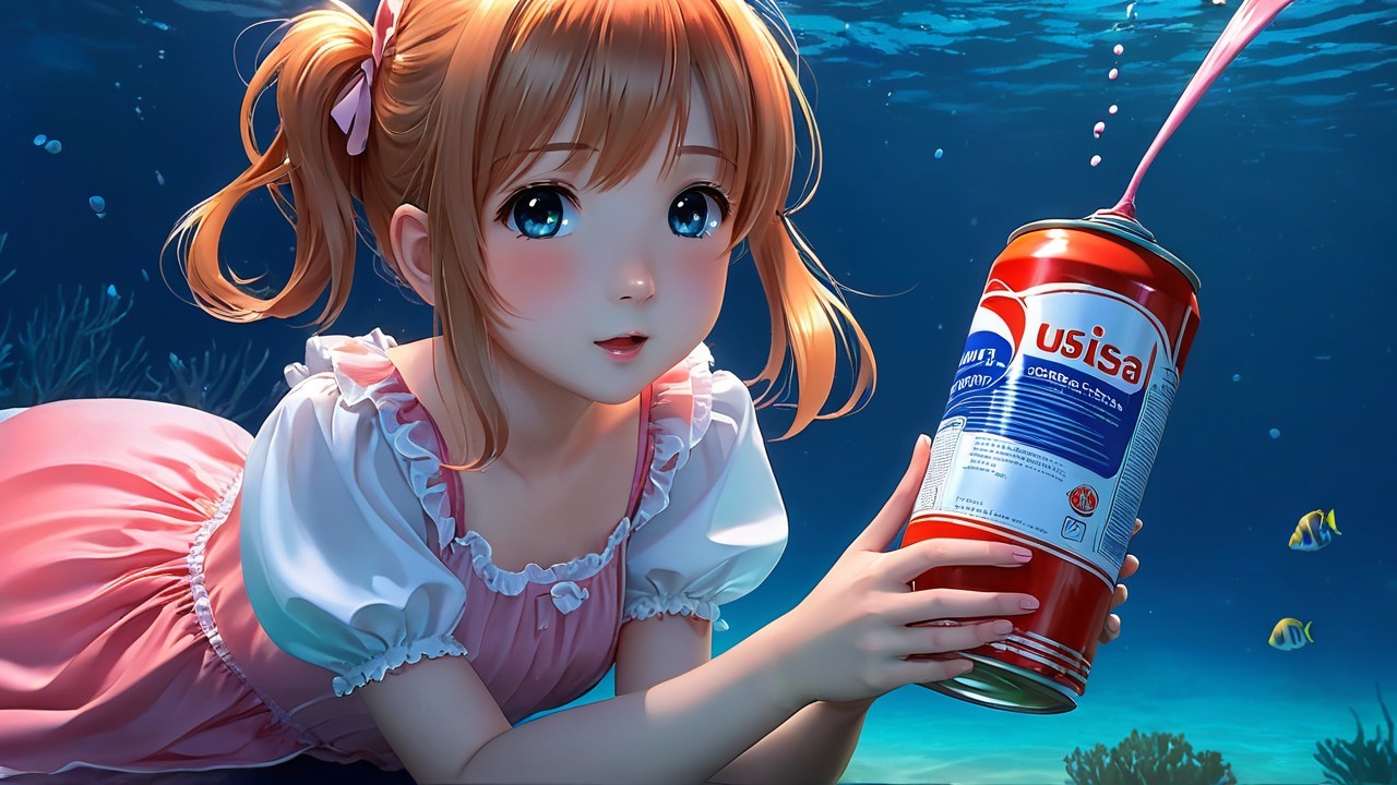 Young girl underwater in pink dress with soda can