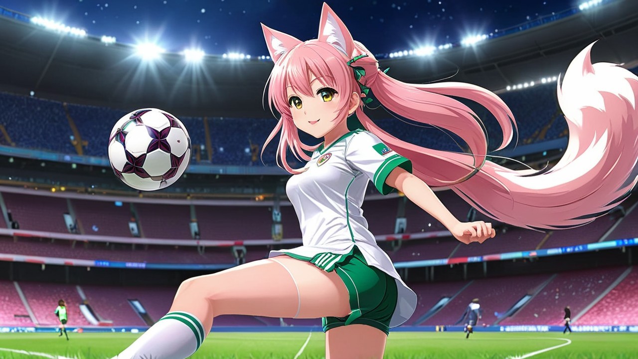 Animated character with fox ears playing soccer