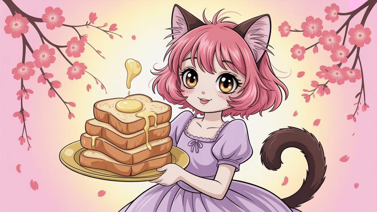 Anime-style Cat Girl Presenting French Toast Plate