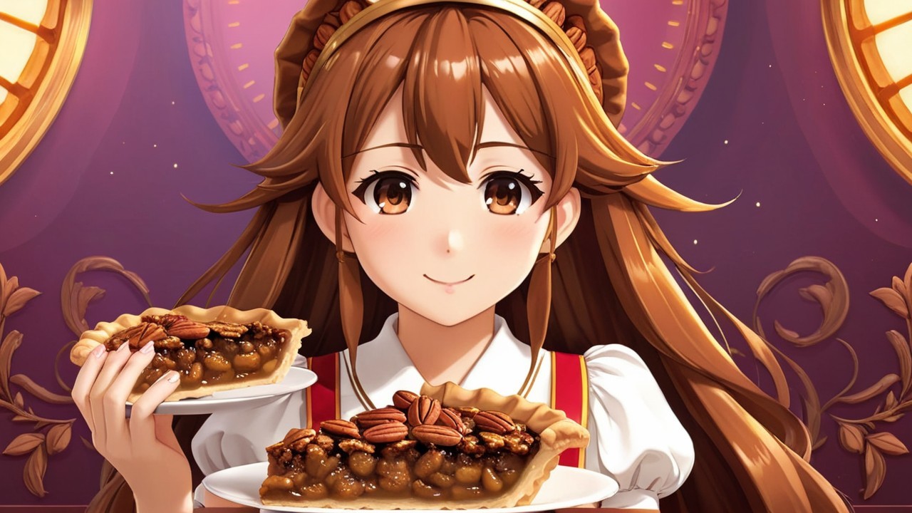 Cheerful character holding pecan pie in bakery setting