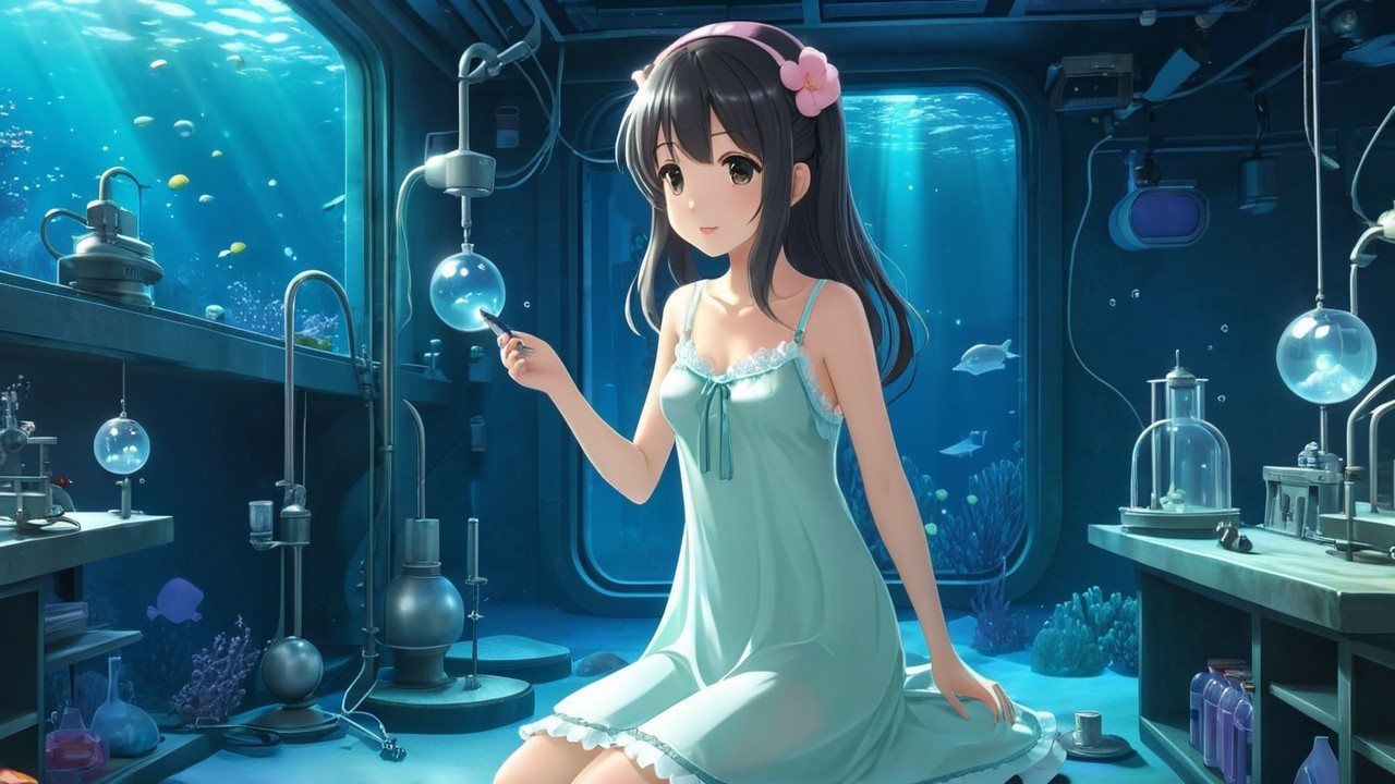 Underwater Laboratory with Girl and Scientific Equipment