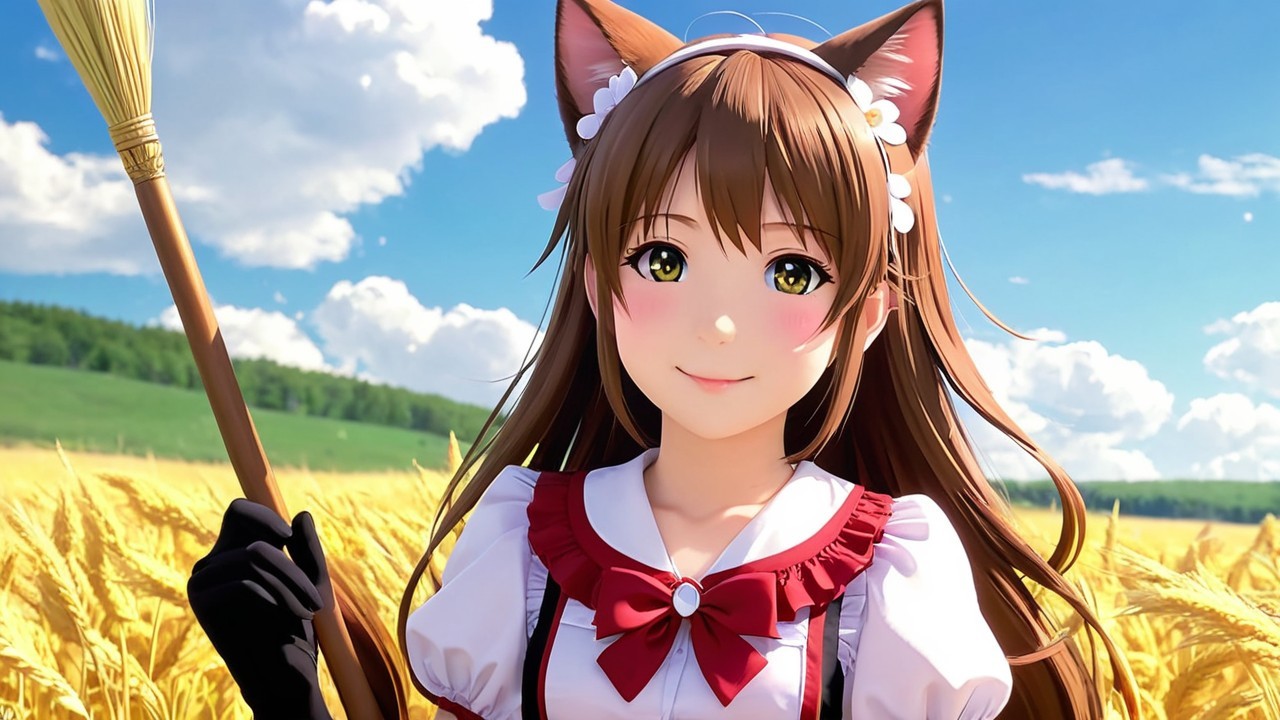 Cheerful anime character in a wheat field scene