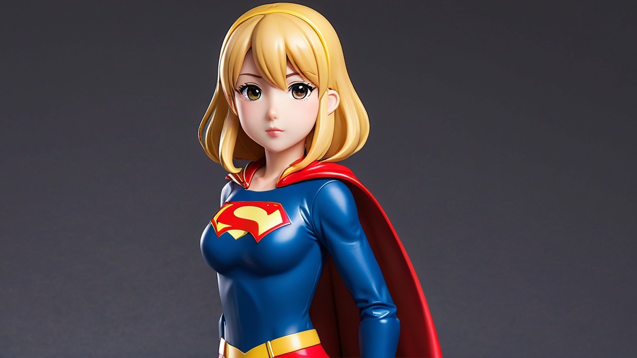 Dynamic Superheroine Figure with Red Cape and Blue Costume