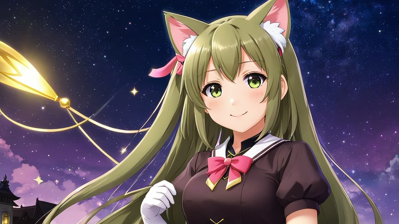 Cheerful anime character with green hair and cat features