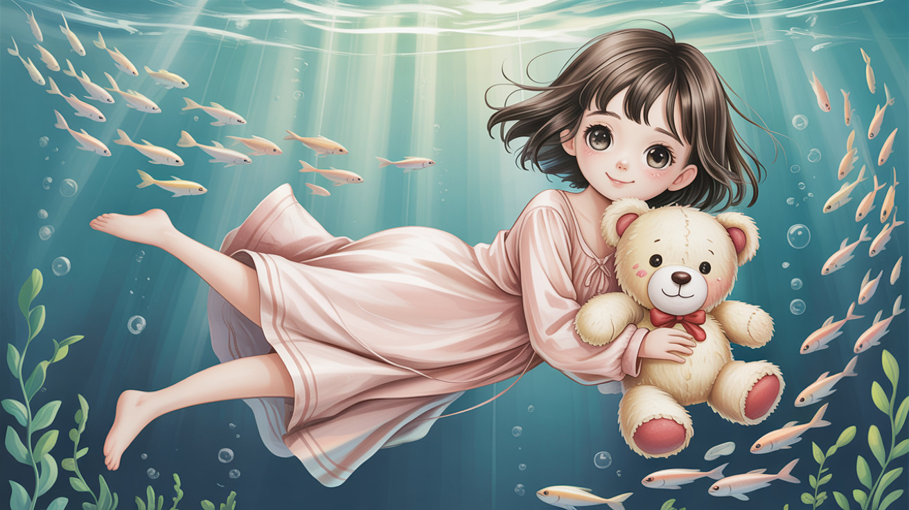 Anime Girl Floating Underwater with Teddy Bear