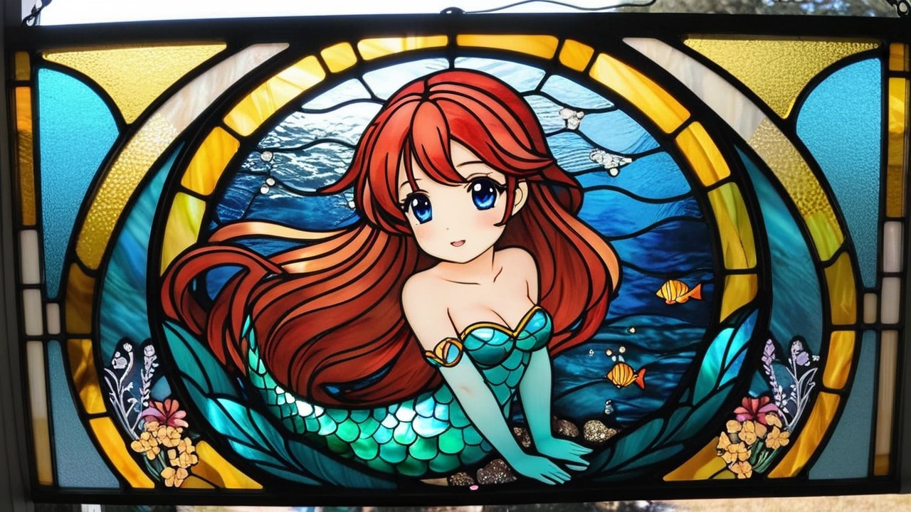 Colorful Stained Glass Panel of Animated Mermaid