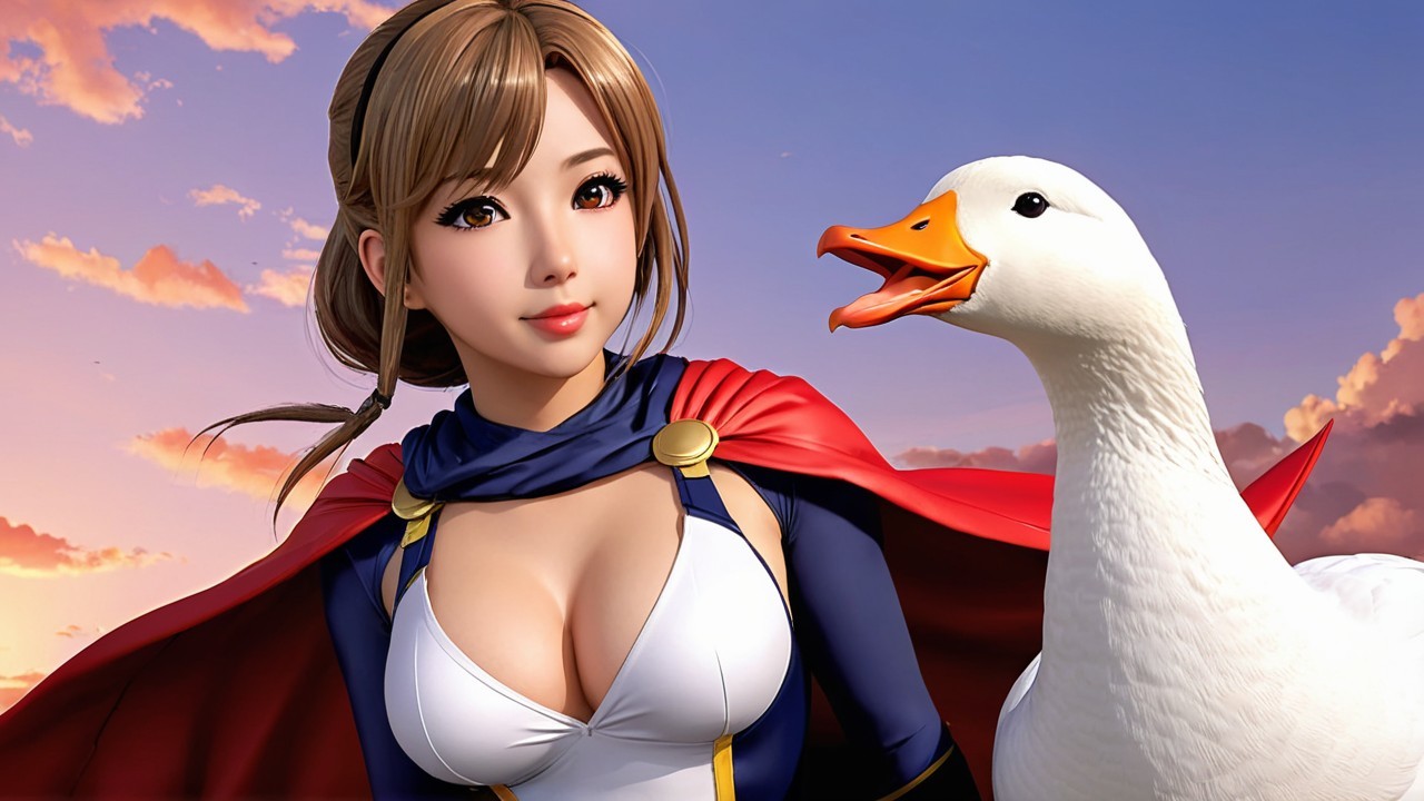 Superhero Character with Goose Against Sunset Sky
