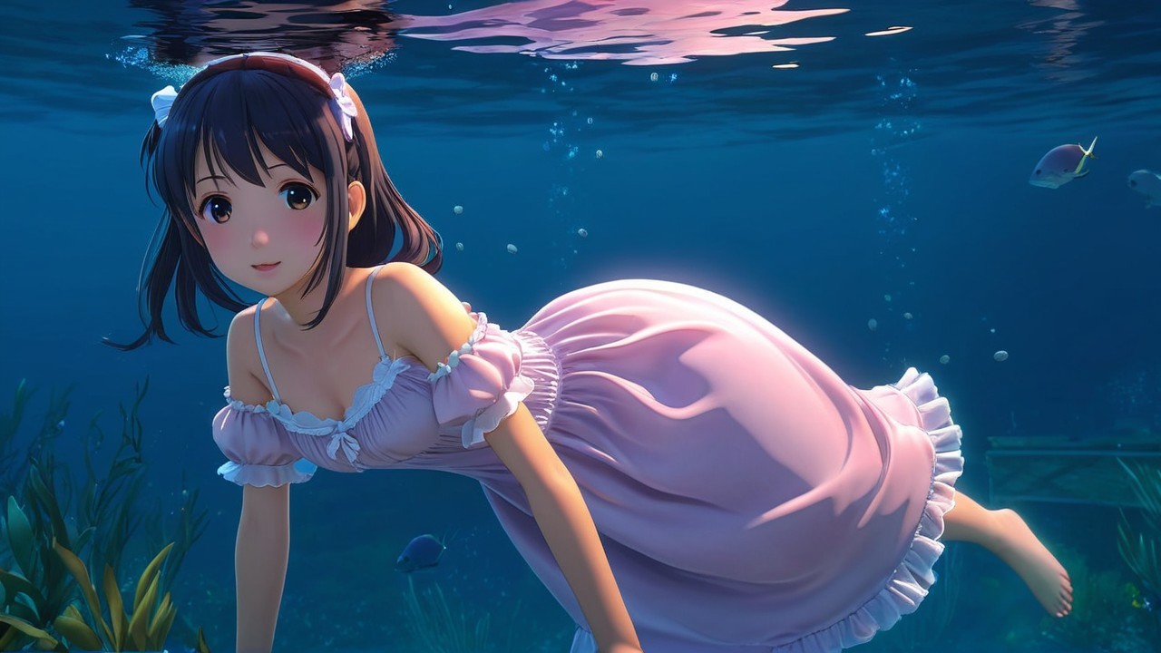 Young girl in pink dress swimming underwater with fish