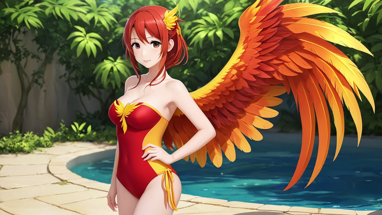 Anime Character by Tranquil Pool with Phoenix Wings