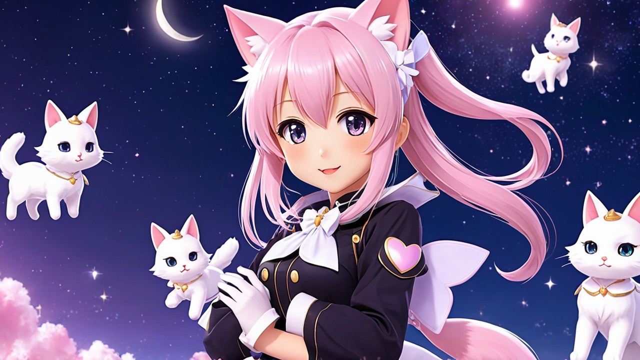 Cheerful anime girl with pink hair and kittens in night sky