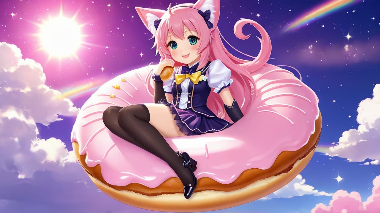 Whimsical anime character on giant pink donut scene
