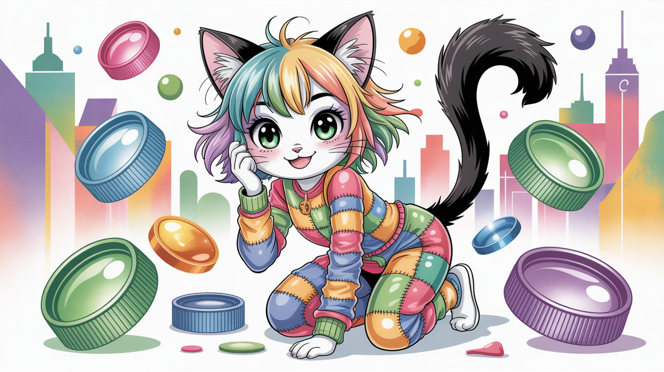Anthropomorphic cat girl in patchwork outfit kneeling