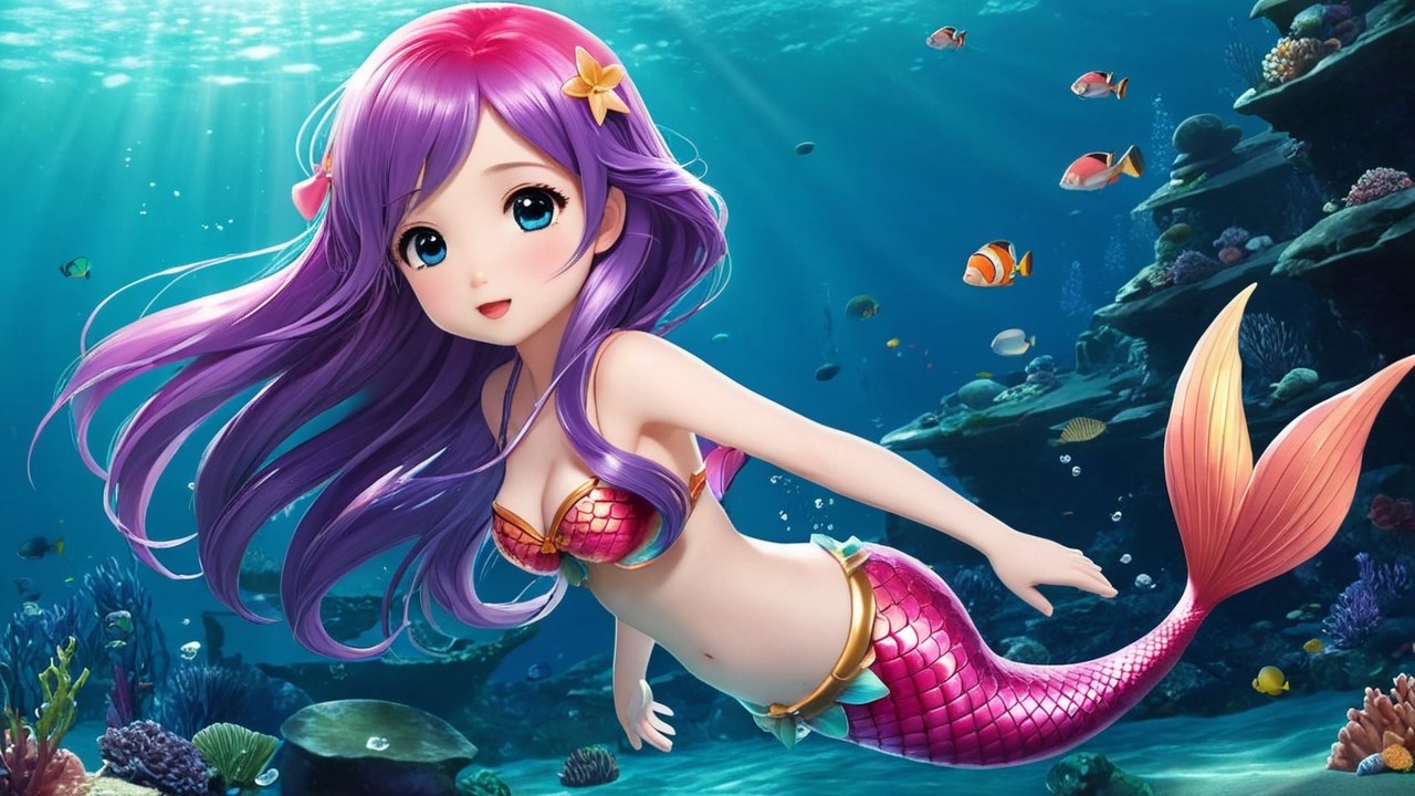 Vibrant Underwater Scene with Cheerful Mermaid