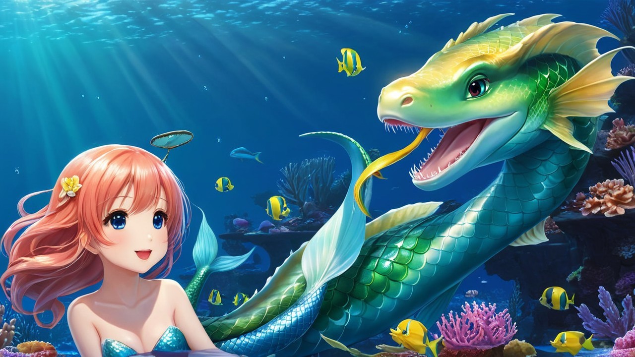Underwater Scene with Girl and Sea Serpent
