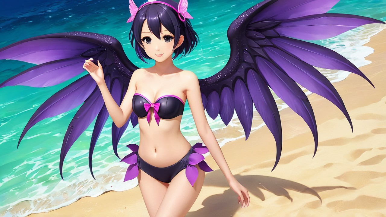 Whimsical Character at Beach with Black Wings and Bikini