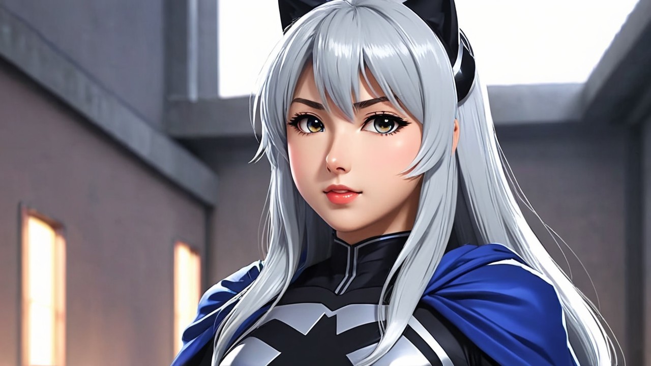 Young woman in superhero outfit with silver hair