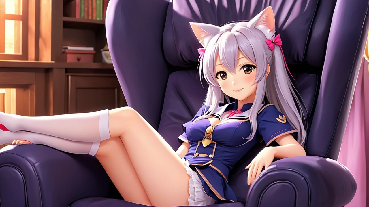 Anime character in purple armchair with cat ears