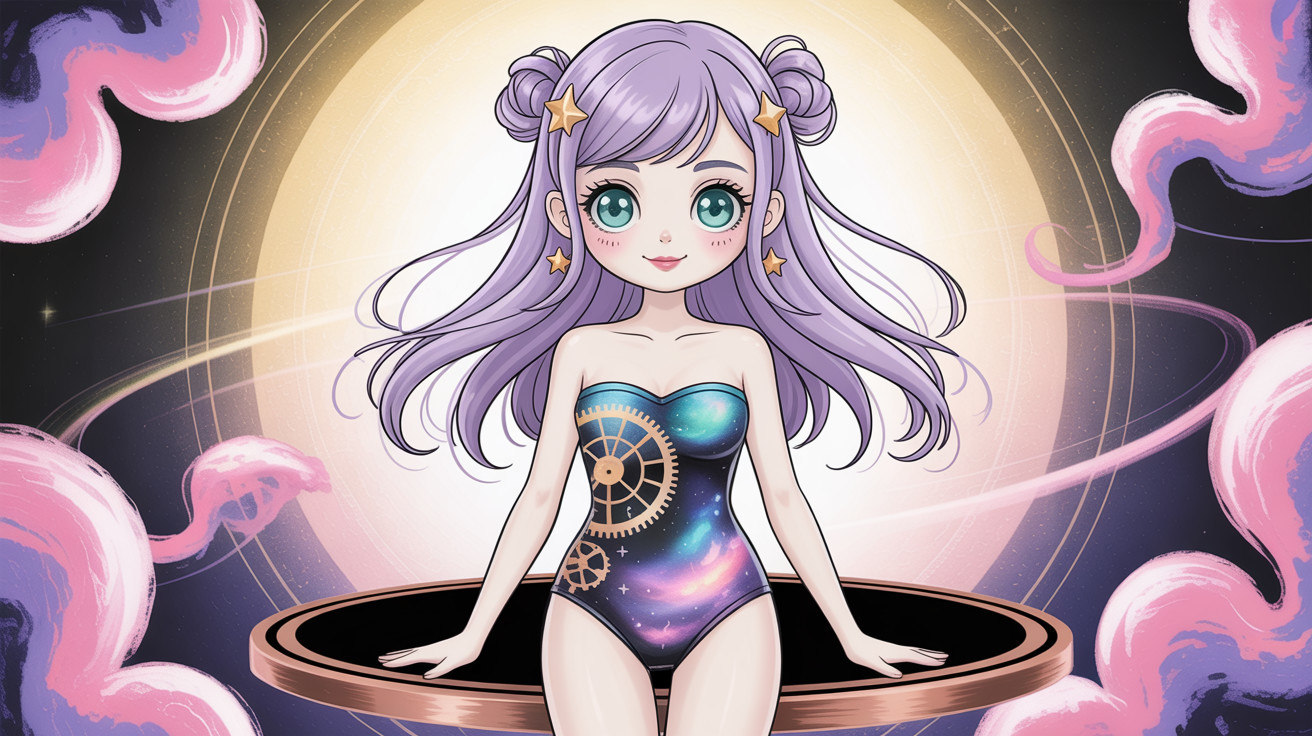 Anime-Style Digital Painting of Cartoon Girl in Space