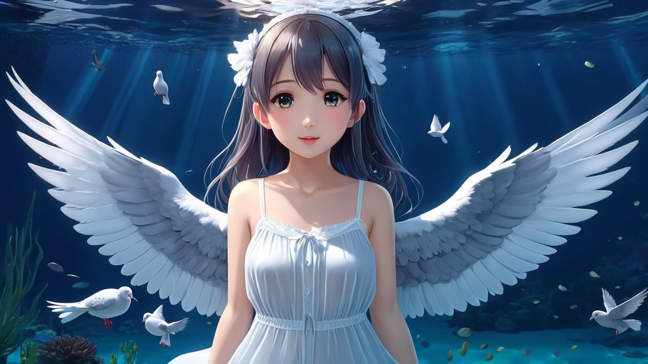 Ethereal figure with wings in tranquil underwater scene