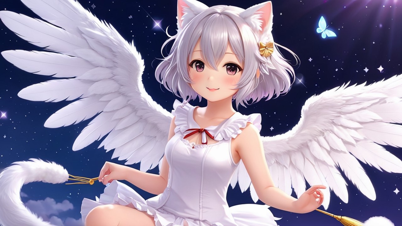 Whimsical Character with Cat Ears and Angel Wings