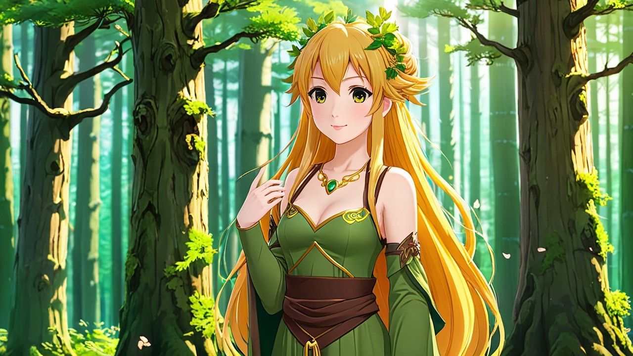 Graceful character in lush forest with sunlight and trees