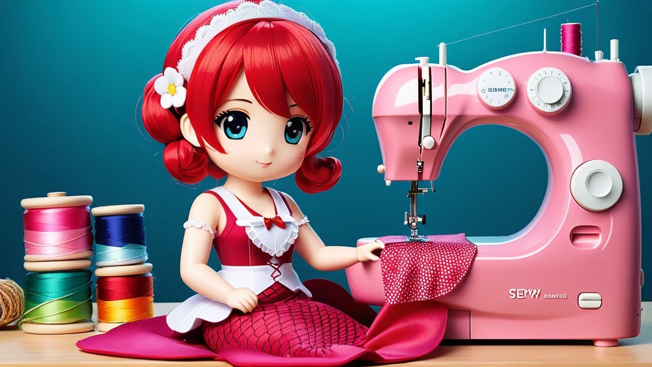 Charming Cartoon Character with Sewing Machine and Fabric