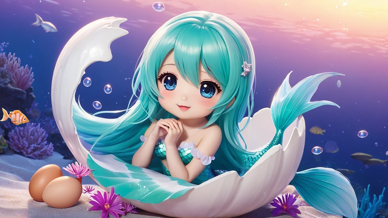 Anime-style mermaid in seashell with corals and bubbles