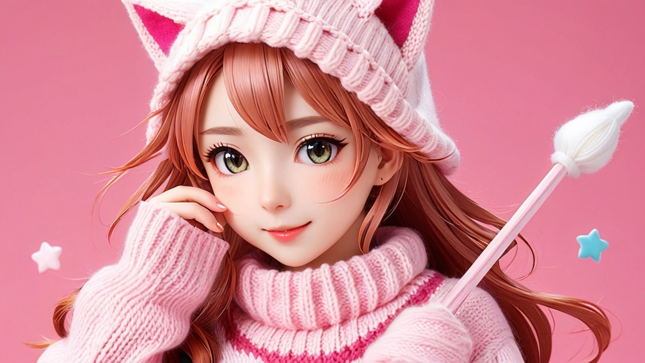 Whimsical Character with Long Hair and Cat Ears Hat