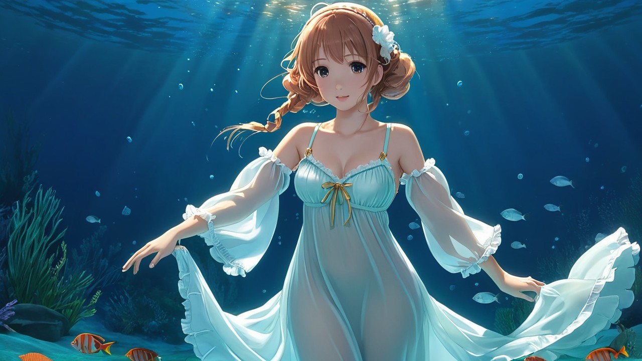 Underwater Scene of a Woman Dancing Among Coral