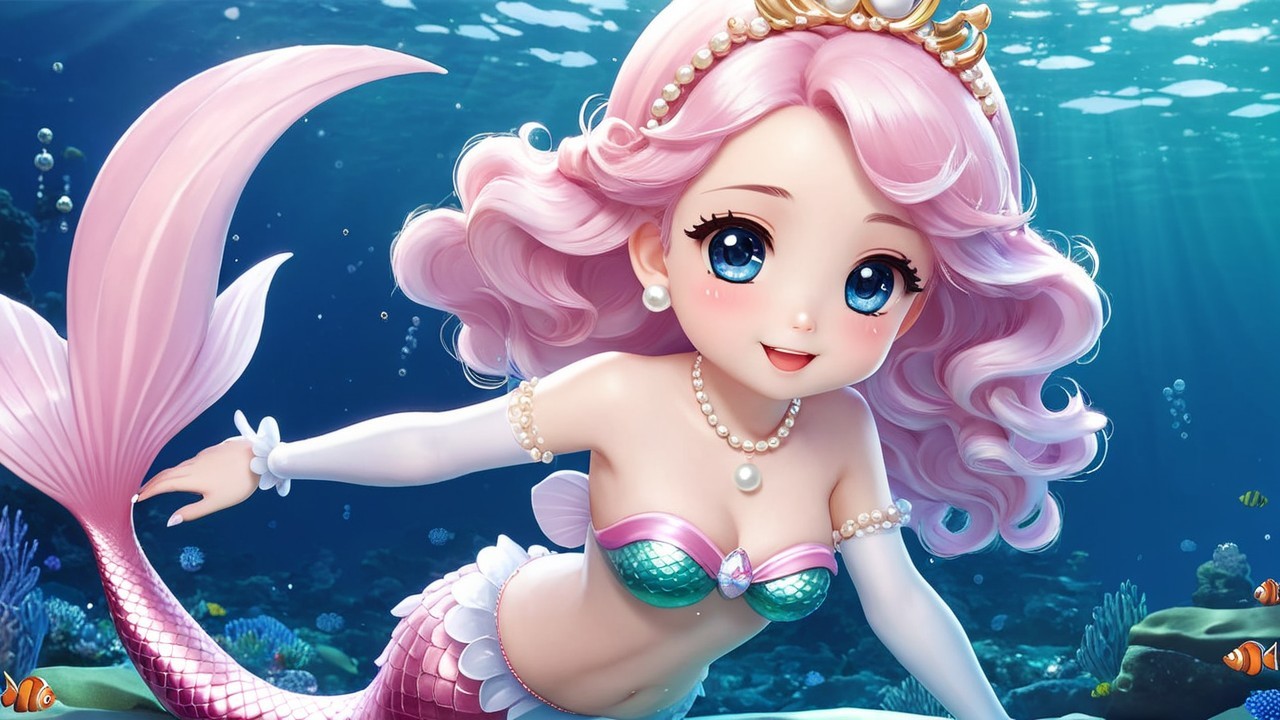 Cartoonish mermaid with pink hair in vibrant underwater scene