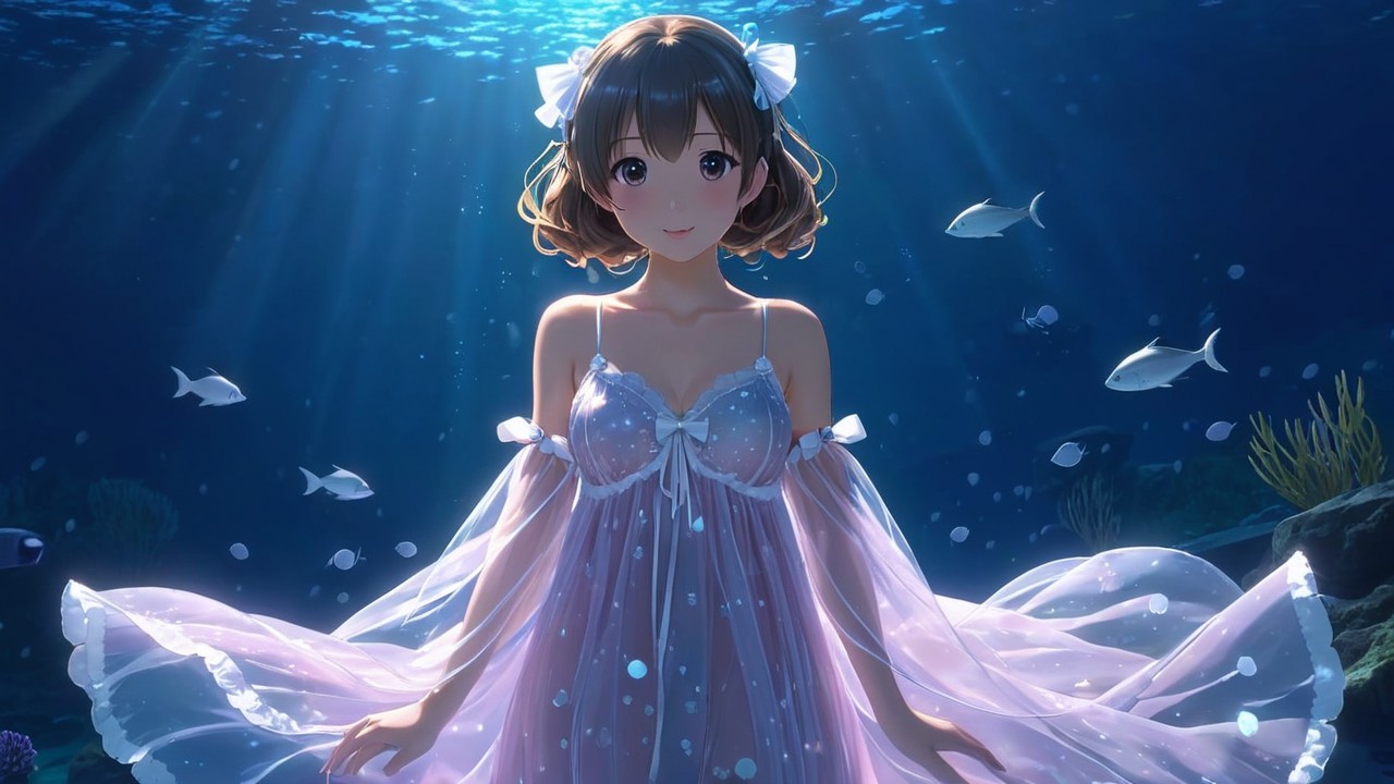 Young woman in flowing gown in serene underwater scene