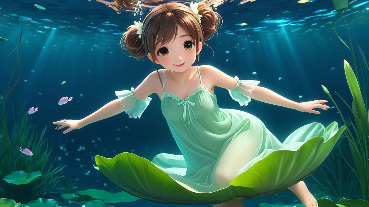 Whimsical Underwater Scene with a Young Girl on Lily Pad