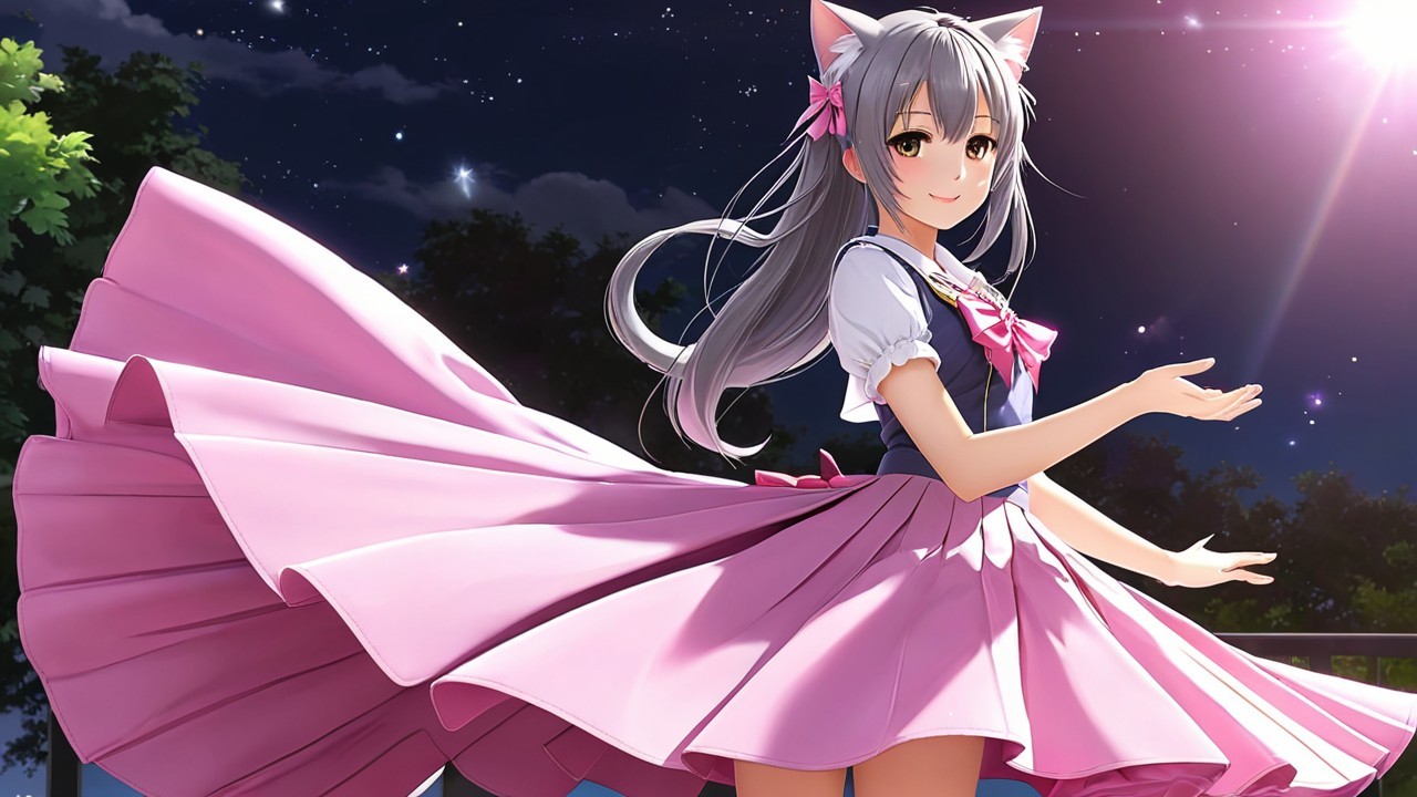 Young girl with cat ears in stylish outfit under stars