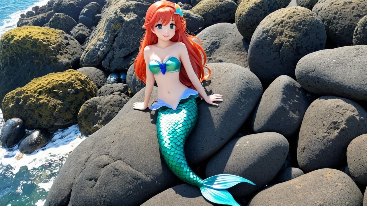 Vibrant Mermaid Doll by Ocean on Dark Rocks