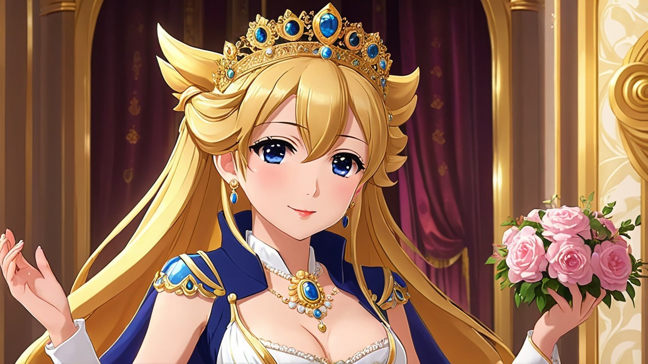 Regal Character in Royal Blue Gown and Crown