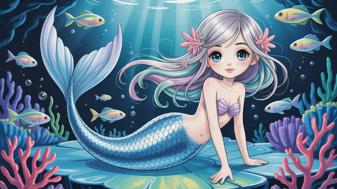 Cute mermaid with silver hair on ocean seabed rock