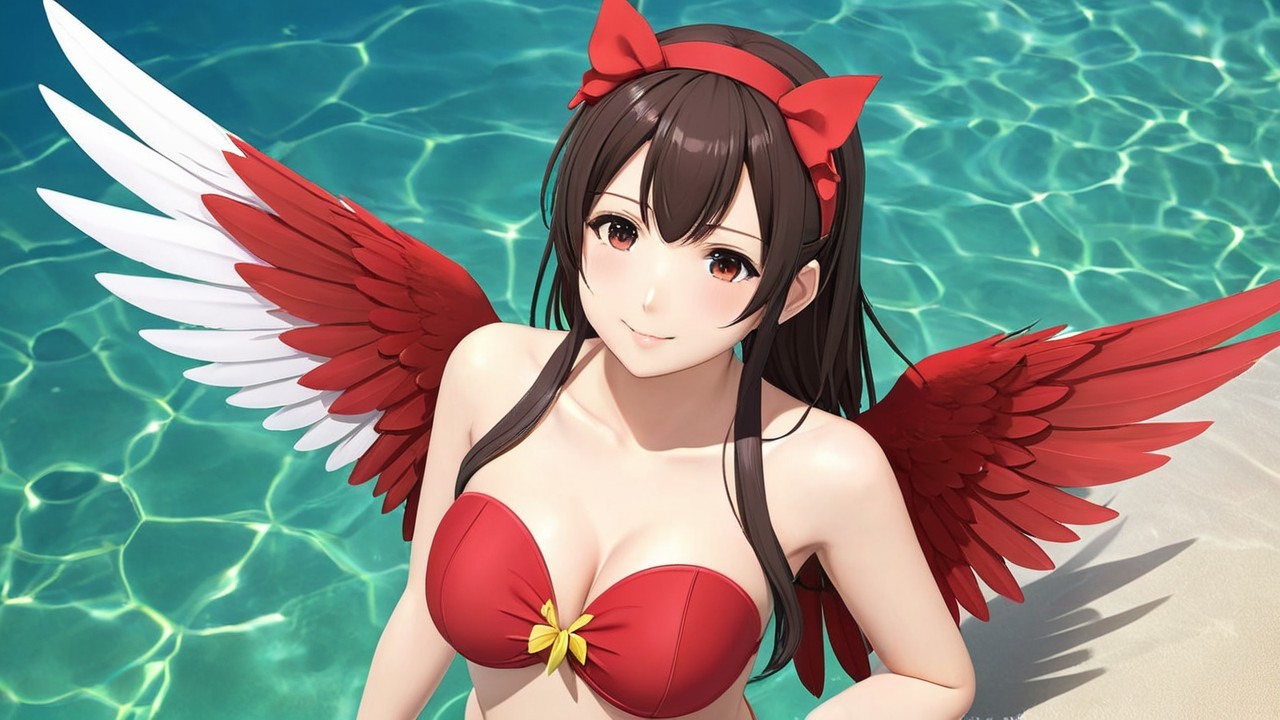 Young woman with red wings by a clear blue pool