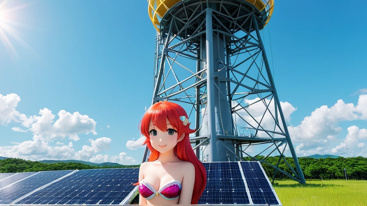 Vibrant Character in Sunny Landscape with Solar Panels