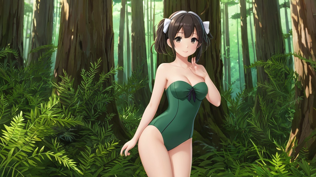 Character in Green Swimsuit in Lush Forest Setting