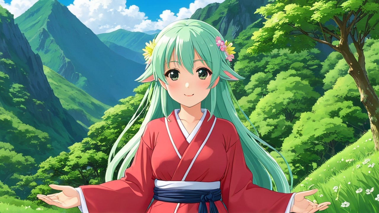 Anime-style girl in a red kimono in a lush landscape