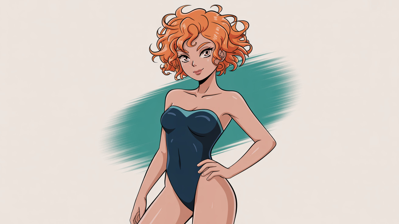 Portrait of a youthful anime girl in a swimsuit