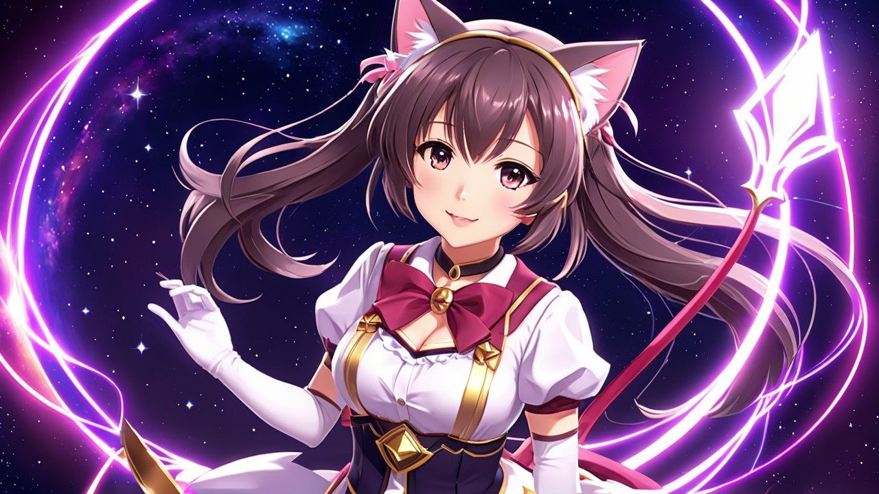 Charming Anime Girl with Cat Ears in Cosmic Setting