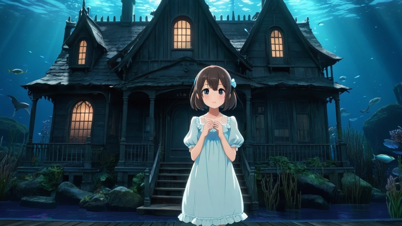 Young girl by a submerged mansion with glowing windows