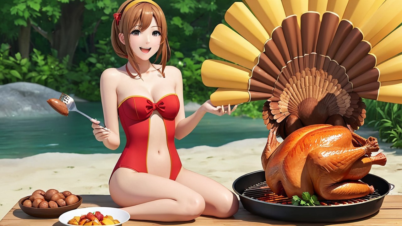 Cheerful Anime Character at Picnic by River