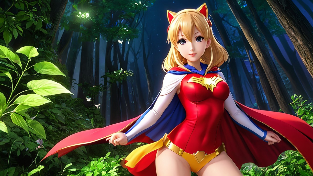 Superheroine in Enchanted Forest with Vibrant Colors