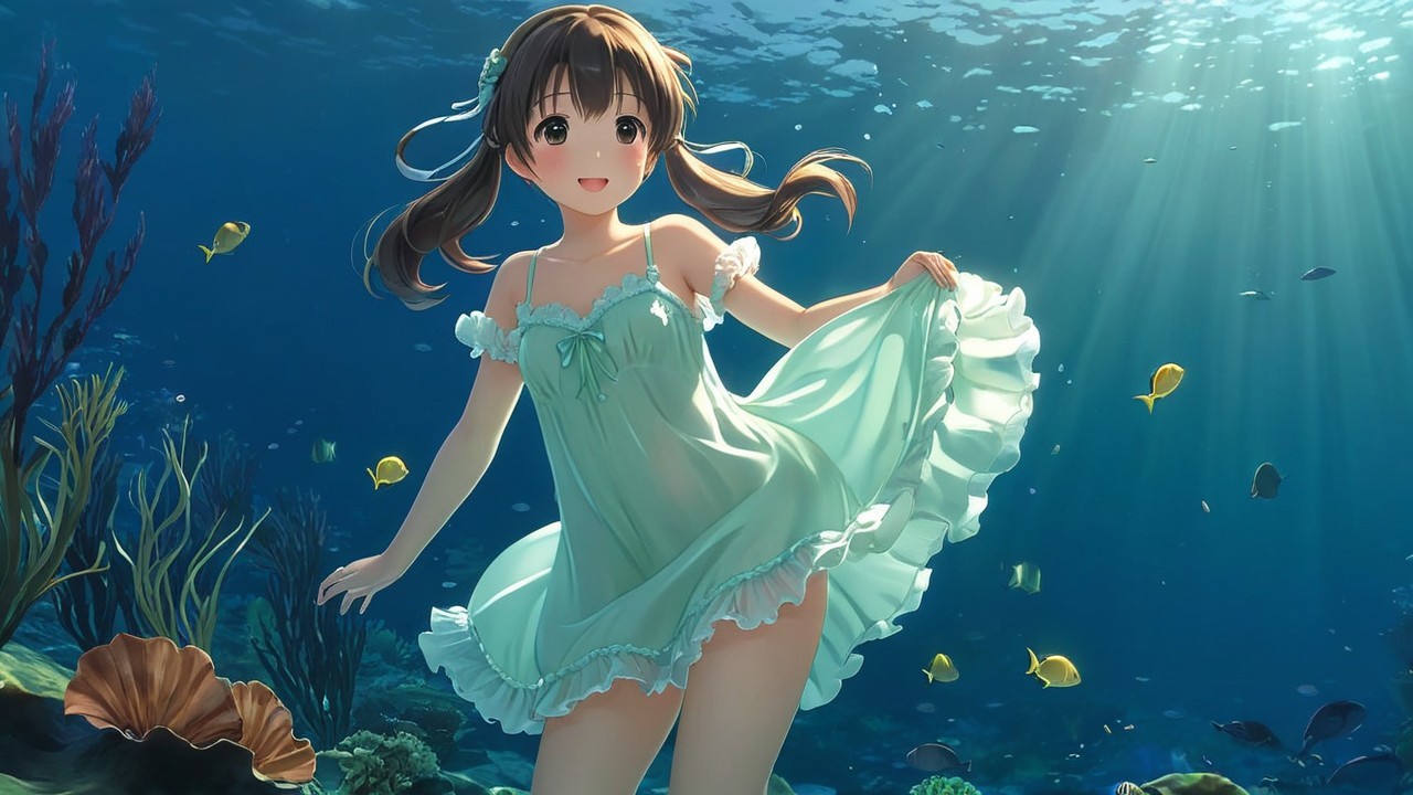 Young girl dancing gracefully underwater in light green dress