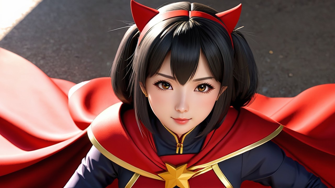 Heroic Character in Red and Blue Costume with Cape